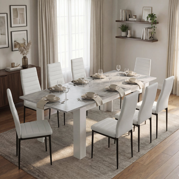 [8 Seater | White] Milo concrete-effect dining table set extended to 220cm with 8 high-back chairs
