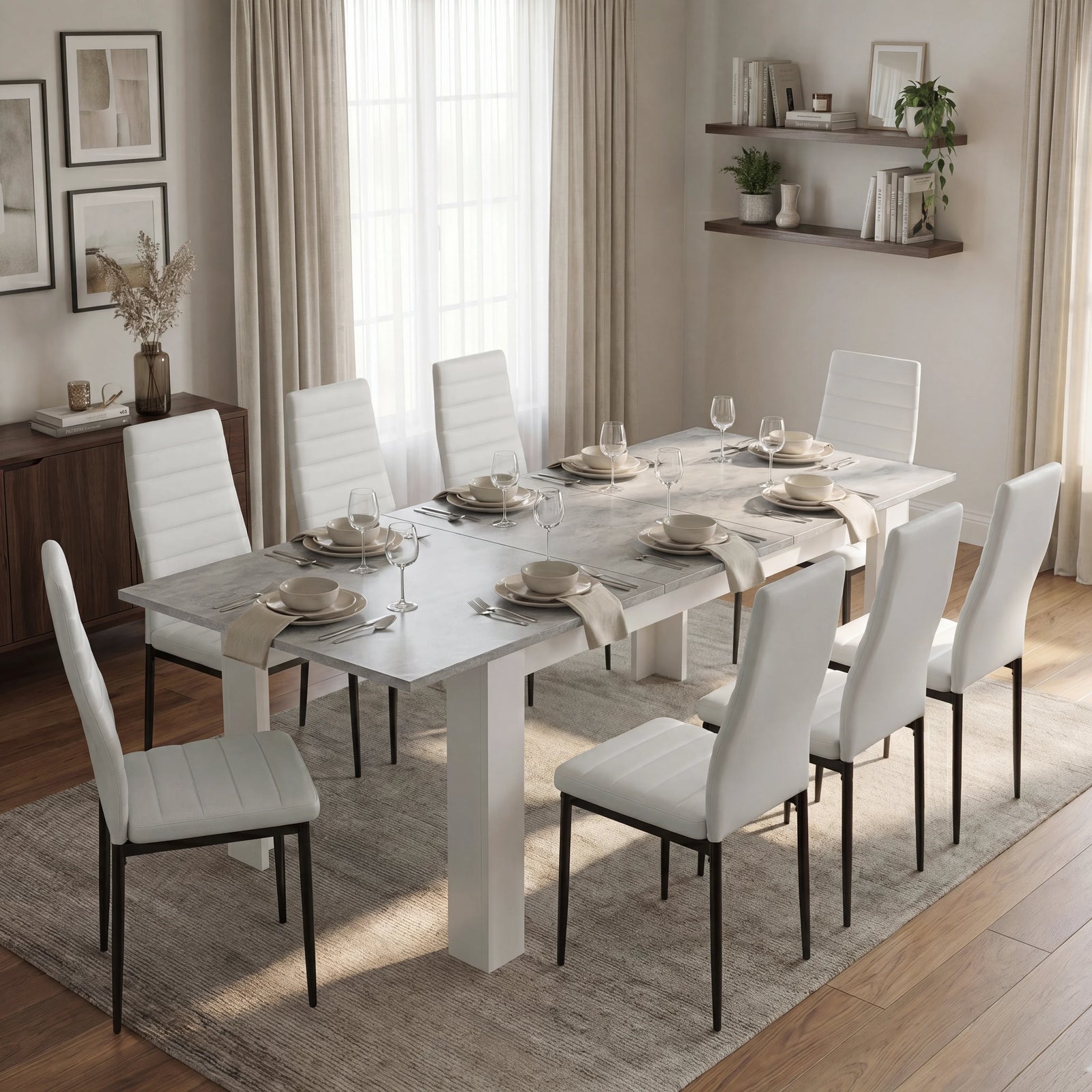 [8 Seater | White] Milo concrete-effect dining table set extended to 220cm with 8 high-back chairs