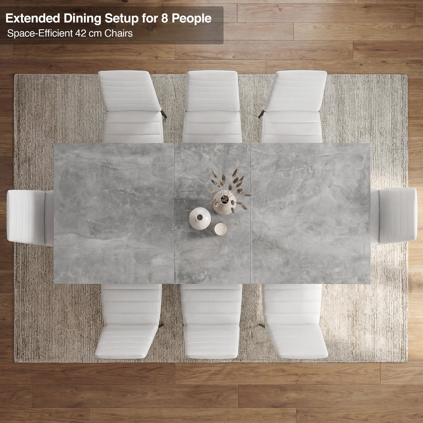 [8 Seater | White] Milo concrete-effect dining table extended for 8, overhead view with high-back chairs