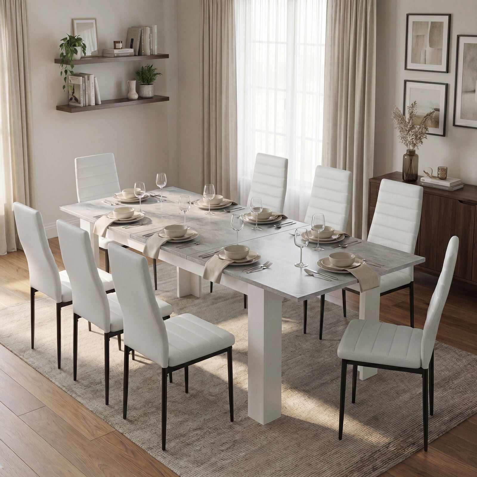 [8 Seater | White] Milo concrete-effect dining table set extended to 220cm in a dining room with 8 white high back chairs