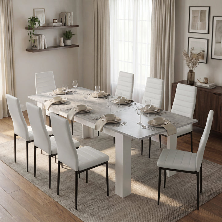 [8 Seater | White] Milo concrete-effect dining table set extended to 220cm in a dining room with 8 white high back chairs