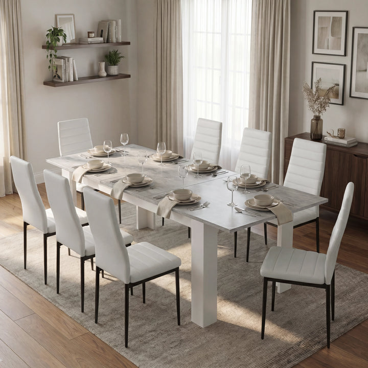 [8 Seater | White] Milo concrete-effect dining table set extended to 220cm in a dining room with 8 white high back chairs