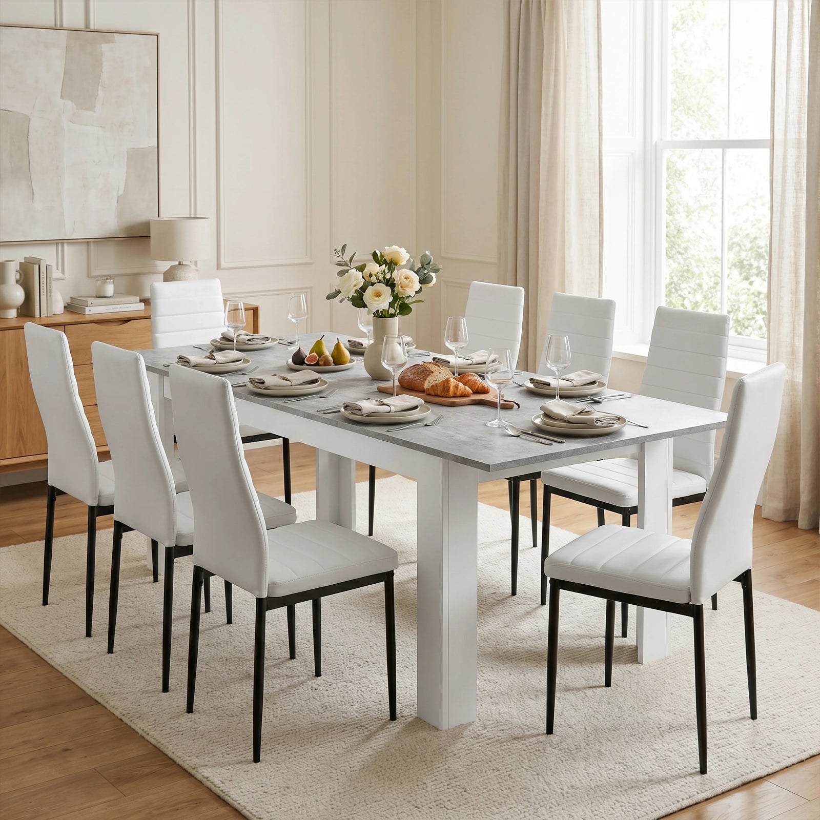 [8 Seater | White] Milo concrete-effect dining table set with 8 high-back chairs and cutlery, in a dining room