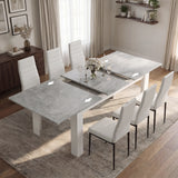 [6 Seater | White] Milo concrete-effect table partly expanded to show the centre leaf and sliding rails