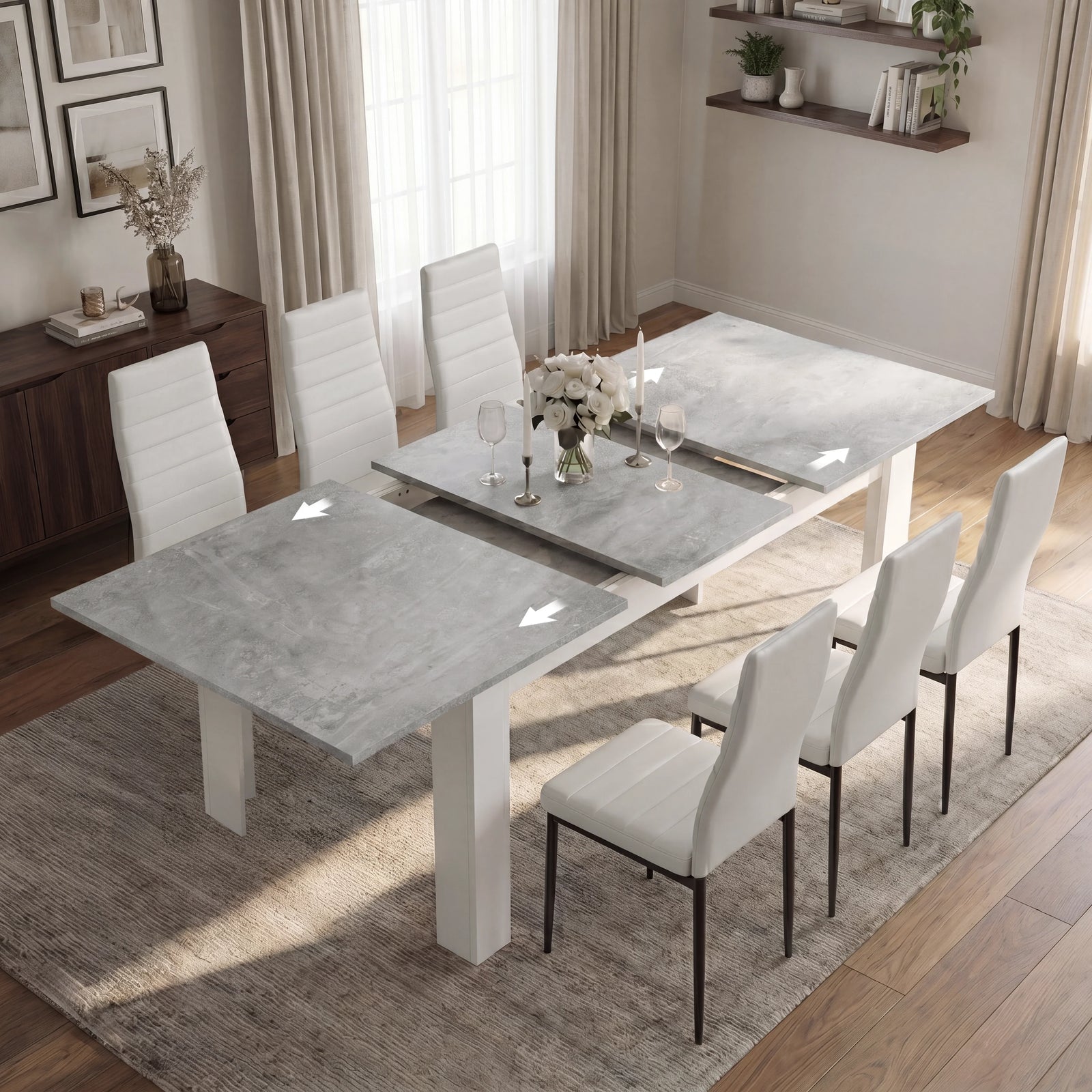 [6 Seater | White] Milo concrete-effect table partly expanded to show the centre leaf and sliding rails