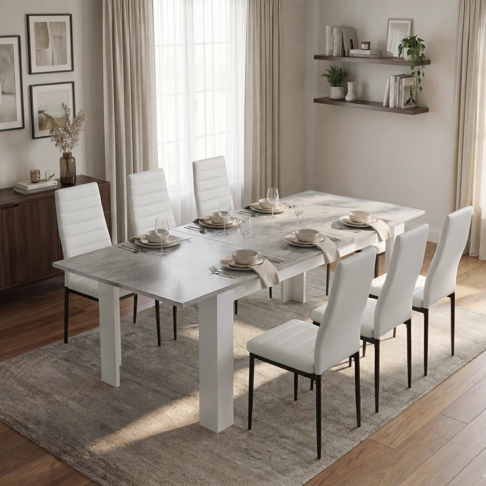 [6 Seater | White] Milo concrete-effect dining table set extended to 220cm with white high-back chairs