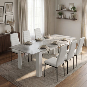[6 Seater | White] Milo concrete-effect dining table set extended to 220cm with white high-back chairs