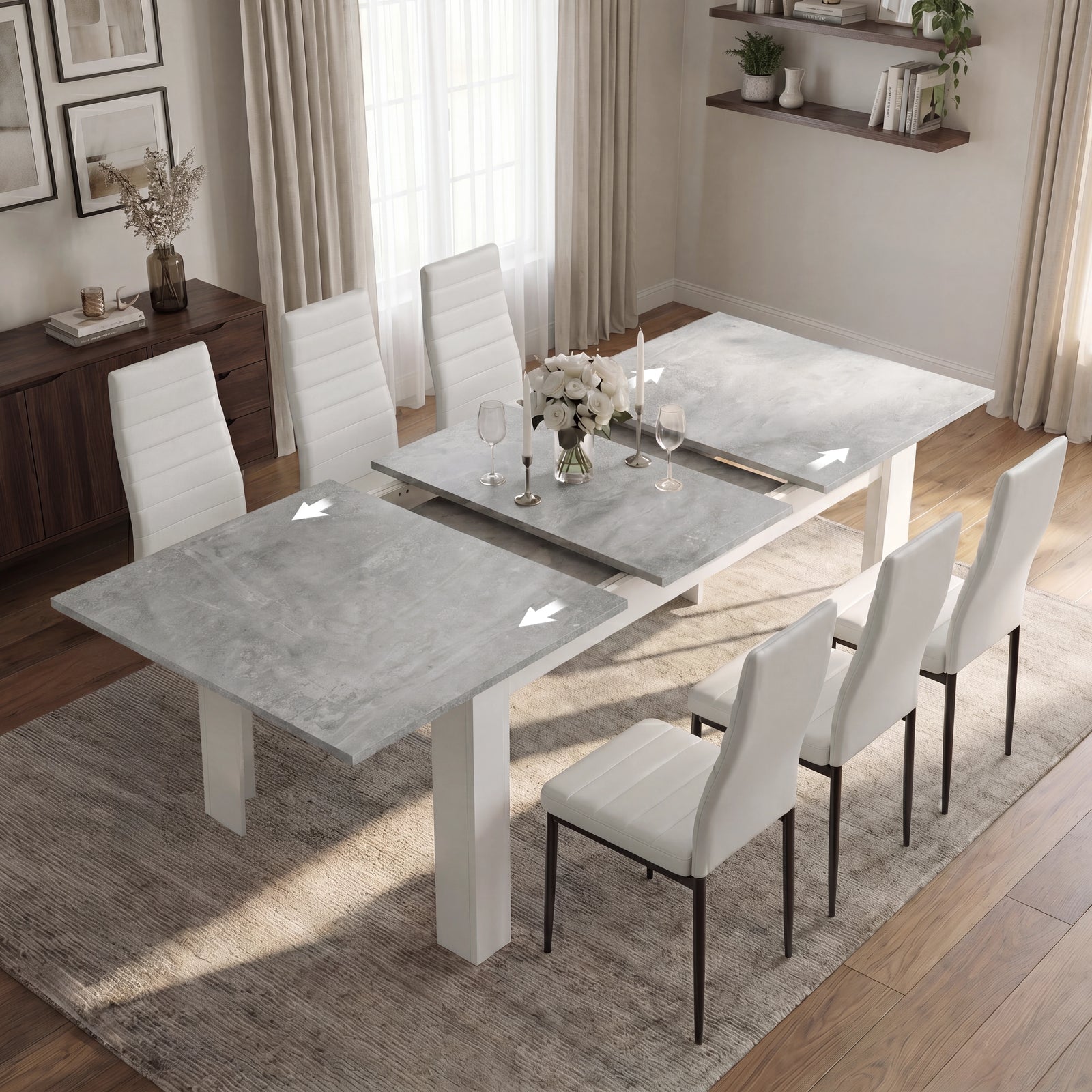 [6 Seater | White] Milo concrete-effect table partly expanded to show the centre leaf and sliding rails