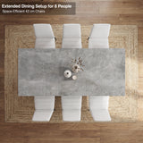 [6 Seater | White] Milo concrete-effect dining table set extended to seat 8, shown overhead with white chairs