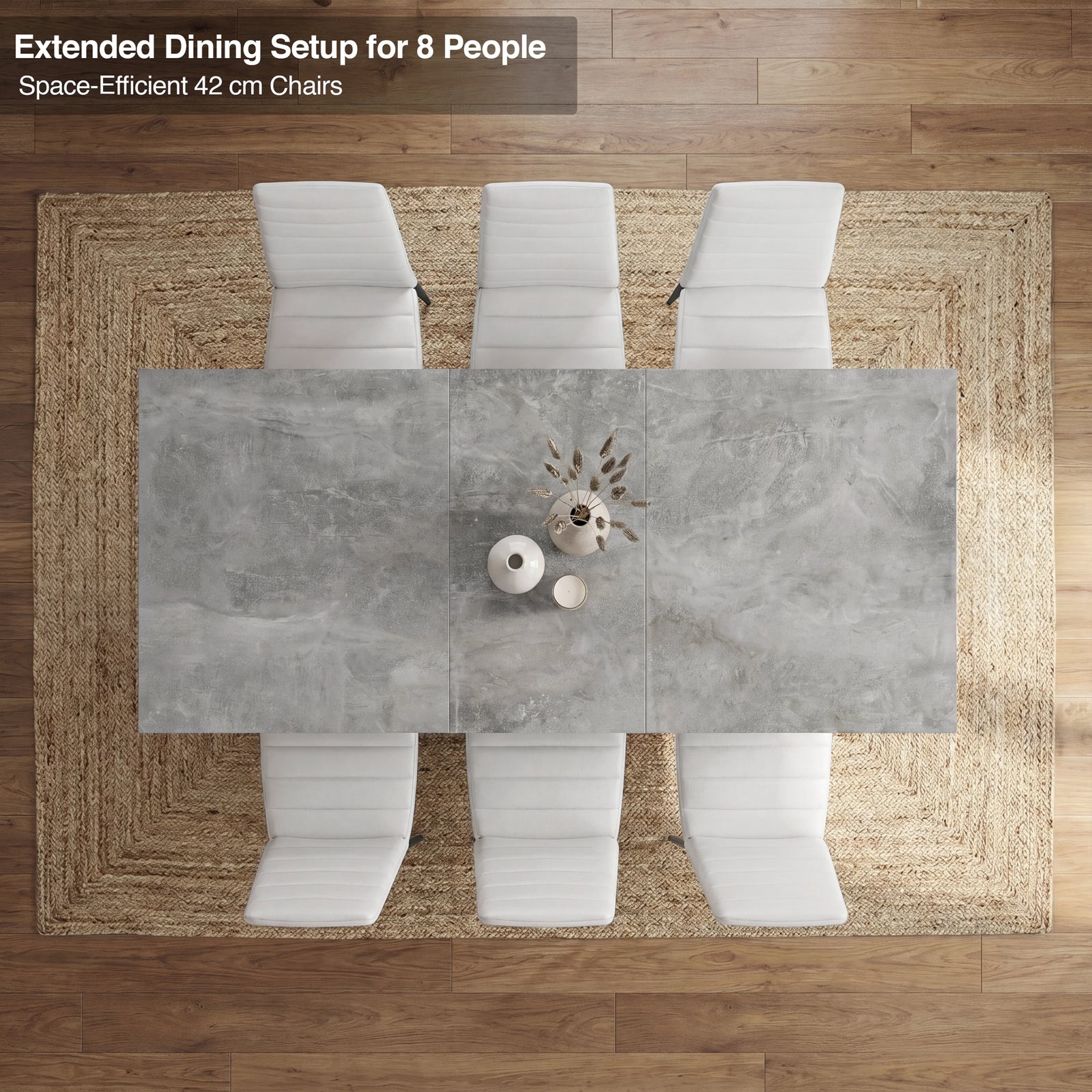 [6 Seater | White] Milo concrete-effect dining table set extended to seat 8, shown overhead with white chairs