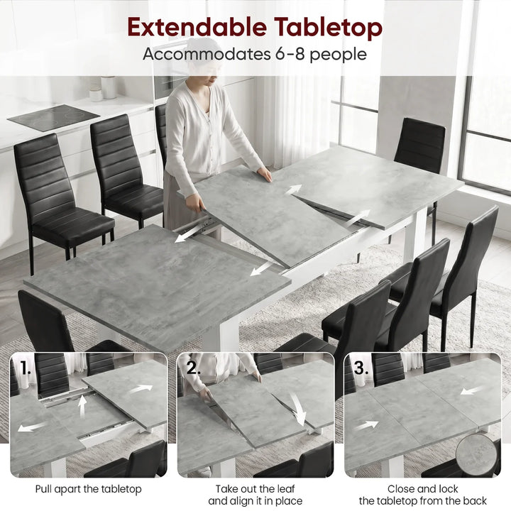 [Concrete] Infographic demonstrating the three-step extension mechanism of the Milo Concrete Effect Extendable Dining Table 170-220cm.