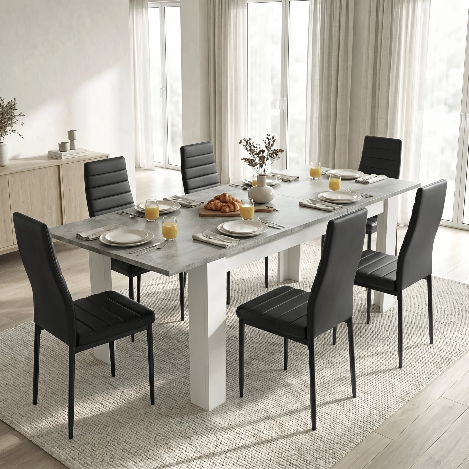 [6 Seater | Black] Milo concrete-effect extendable dining table set (extended to 220cm) with 6 black chairs in dining room