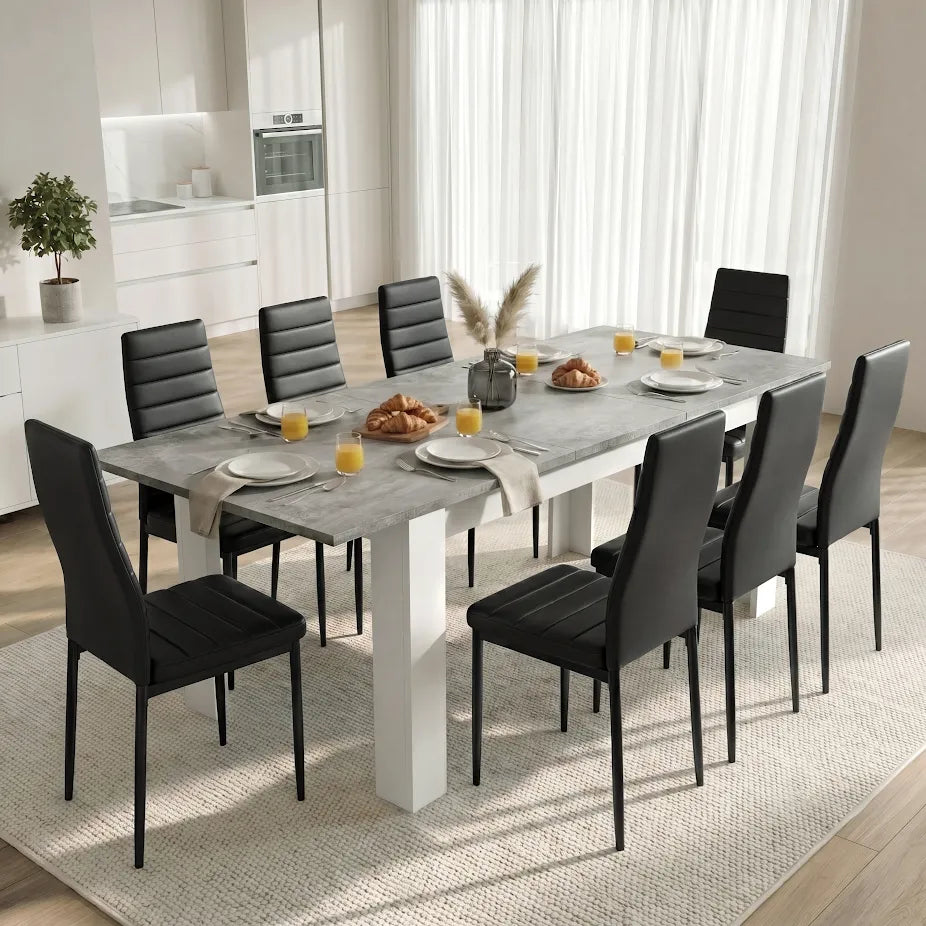 [8 Seater | Black] Milo concrete-effect extendable dining table set fully laid with 8 high-back chairs in a dining room