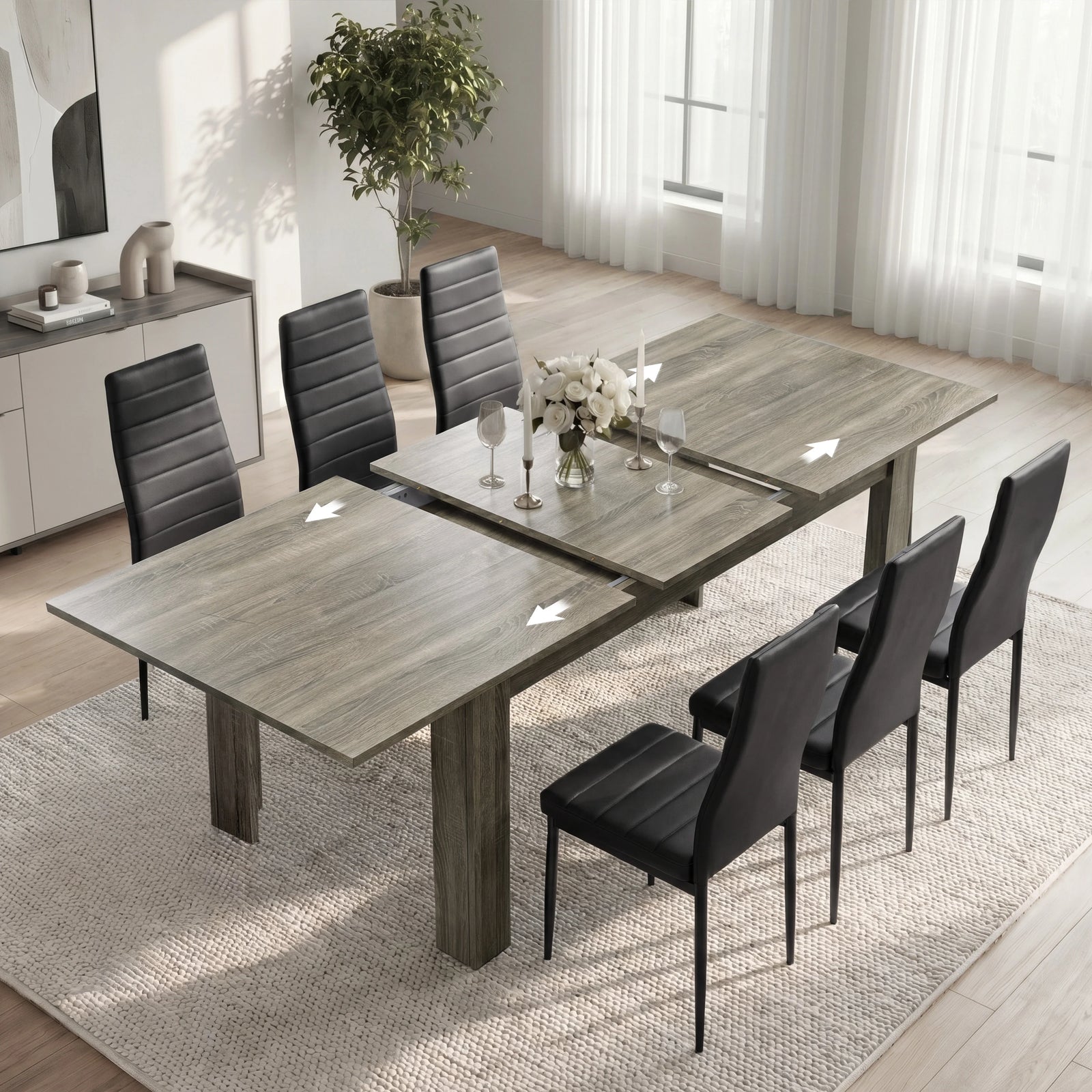 [6 Seater | Black] Milo Extendable Dining Table Set with 6 Black Chairs in Wooden Grey-Effect with top extension.