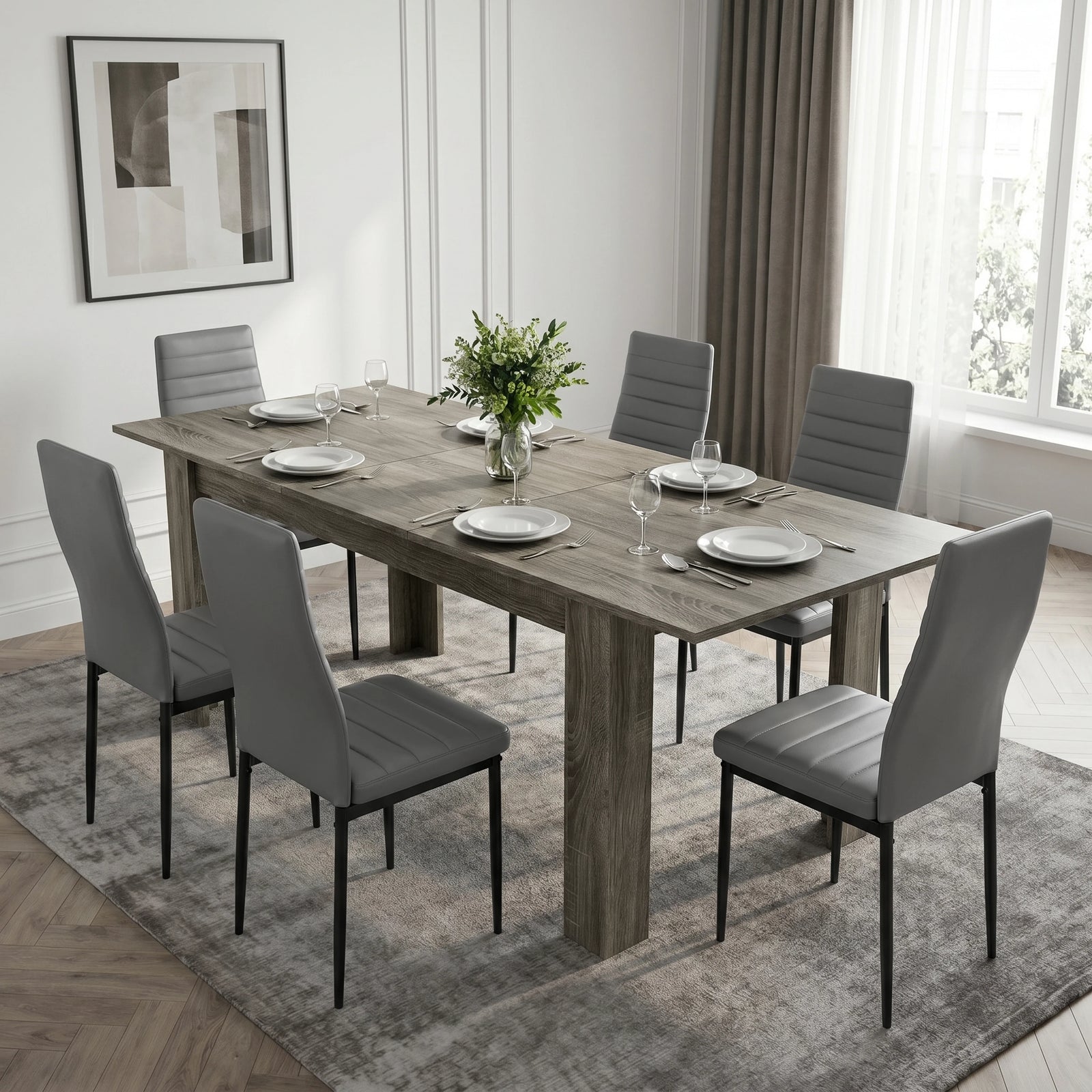 [6 Seater | Grey] Milo Extendable Dining Table Set with 6 Grey Chairs in a Wooden Grey-Effect finish, set for dinner.