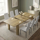[6 Seater | White] Milo Extendable Oak-Effect Dining Table Set with 6 White Chairs showing extension diagram arrows.