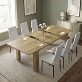 [6 Seater | White] Milo Extendable Oak-Effect Dining Table Set with 6 White Chairs showing extension diagram arrows.