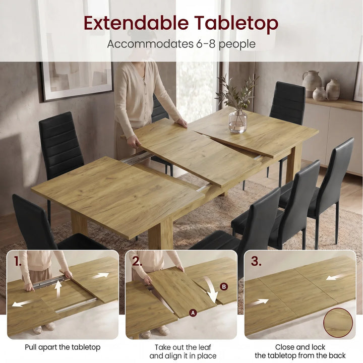 [Oak] Infographic demonstrating the three-step extension mechanism of the Milo Oak Effect Extendable Dining Table 170-220cm.