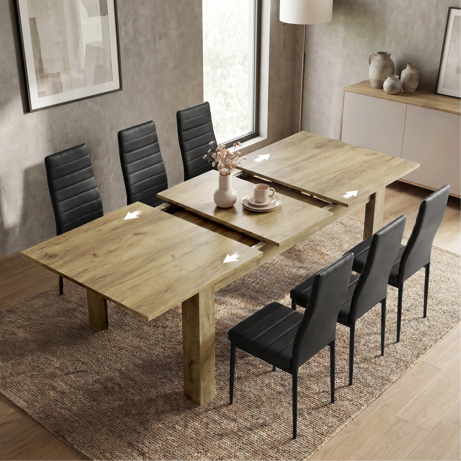 [6 Seater | Black] Milo oak-effect table open to show centre leaf and sliding rails