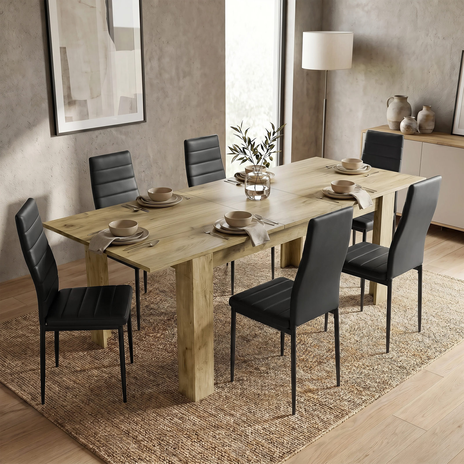 [6 Seater | Black] Milo oak-effect dining table set extended to 220cm with 6 high-back chairs