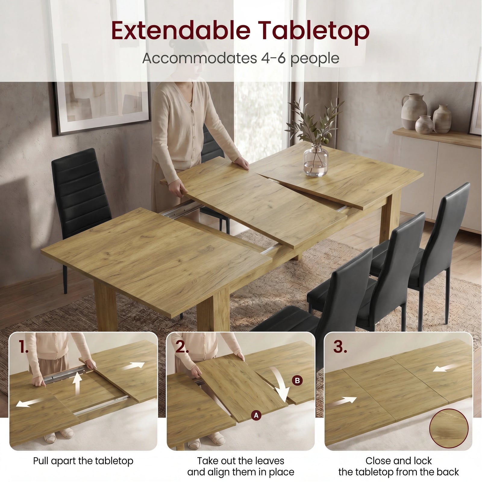 [6 Seater | Black] Milo extension guide showing tabletop opening, centre leaf placement, and lock-close steps