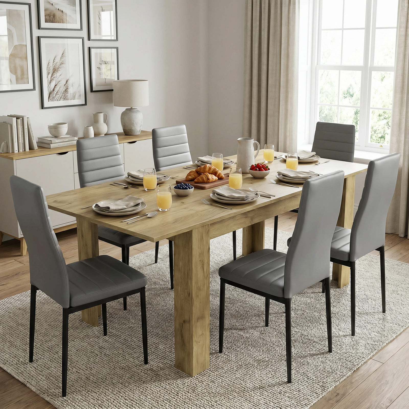 [6 Seater | Grey] Milo oak-effect dining table set with 6 high-back chairs in a styled room view