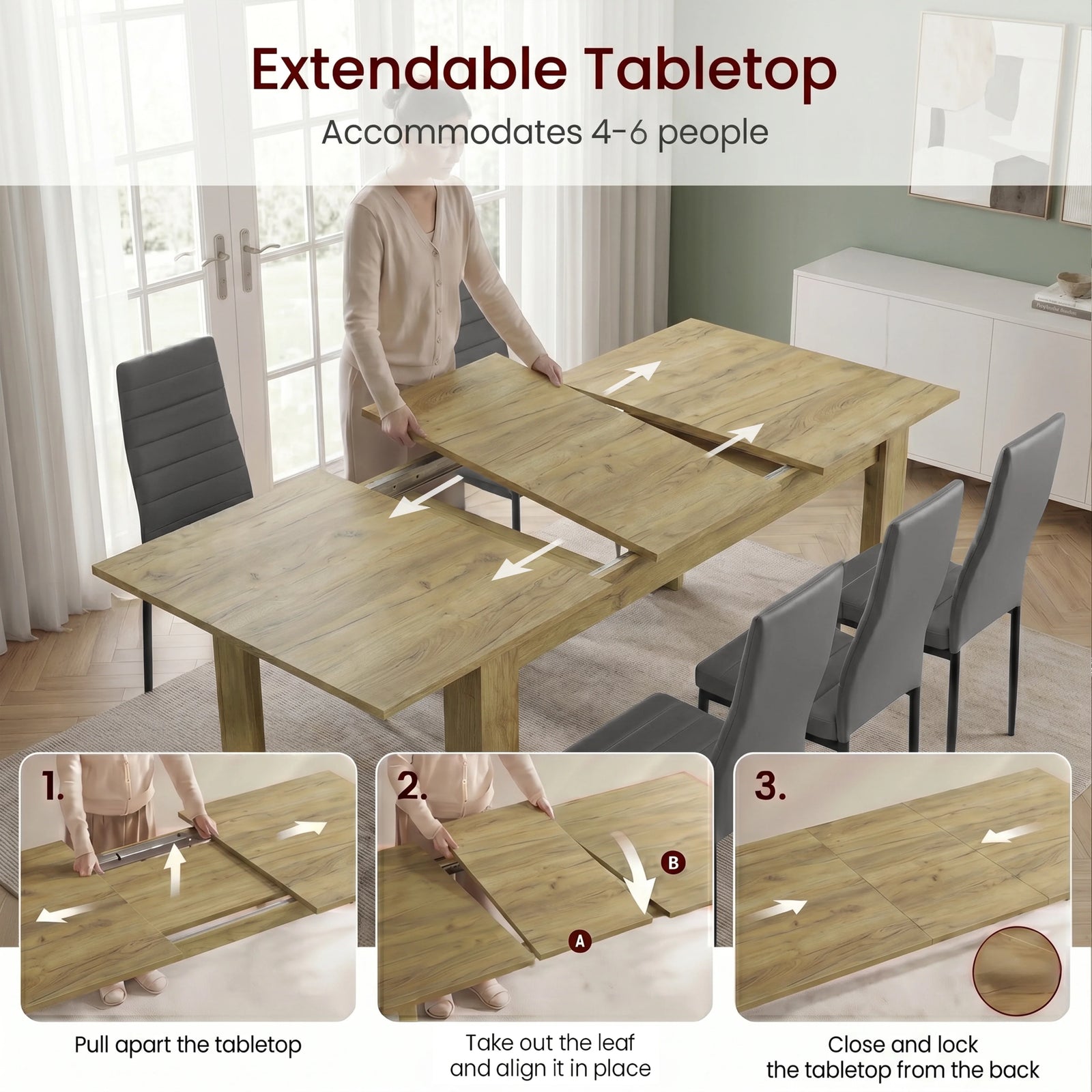 [6 Seater | Grey] Milo extension guide showing tabletop opening, centre leaf placement, and lock-close steps