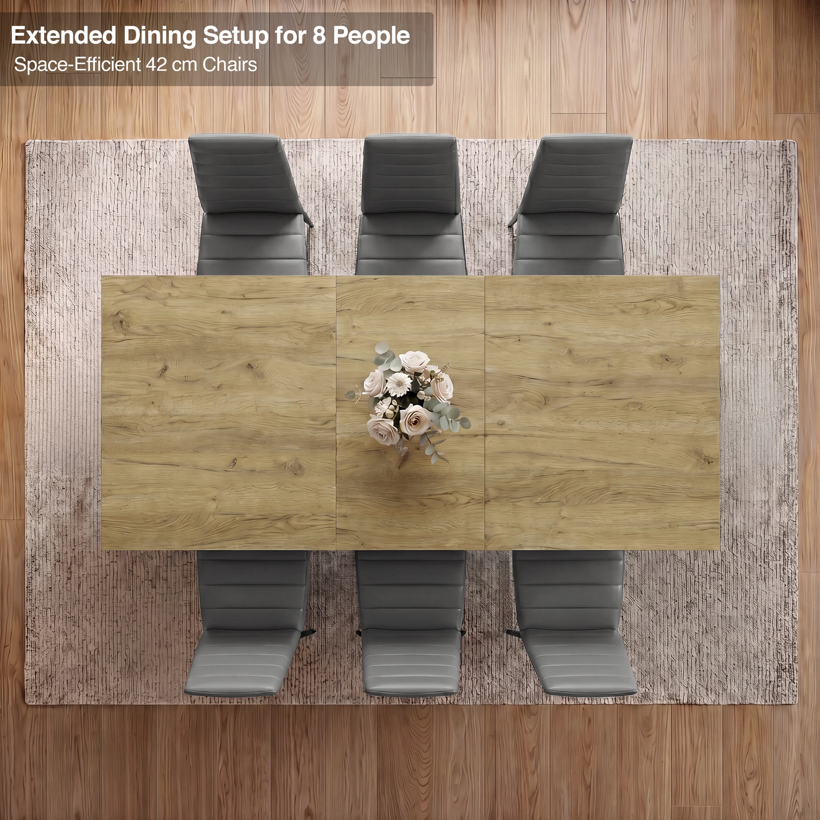 [6 Seater | Grey] Milo extendable dining table extended for 8-place setup, overhead view with high-back chairs