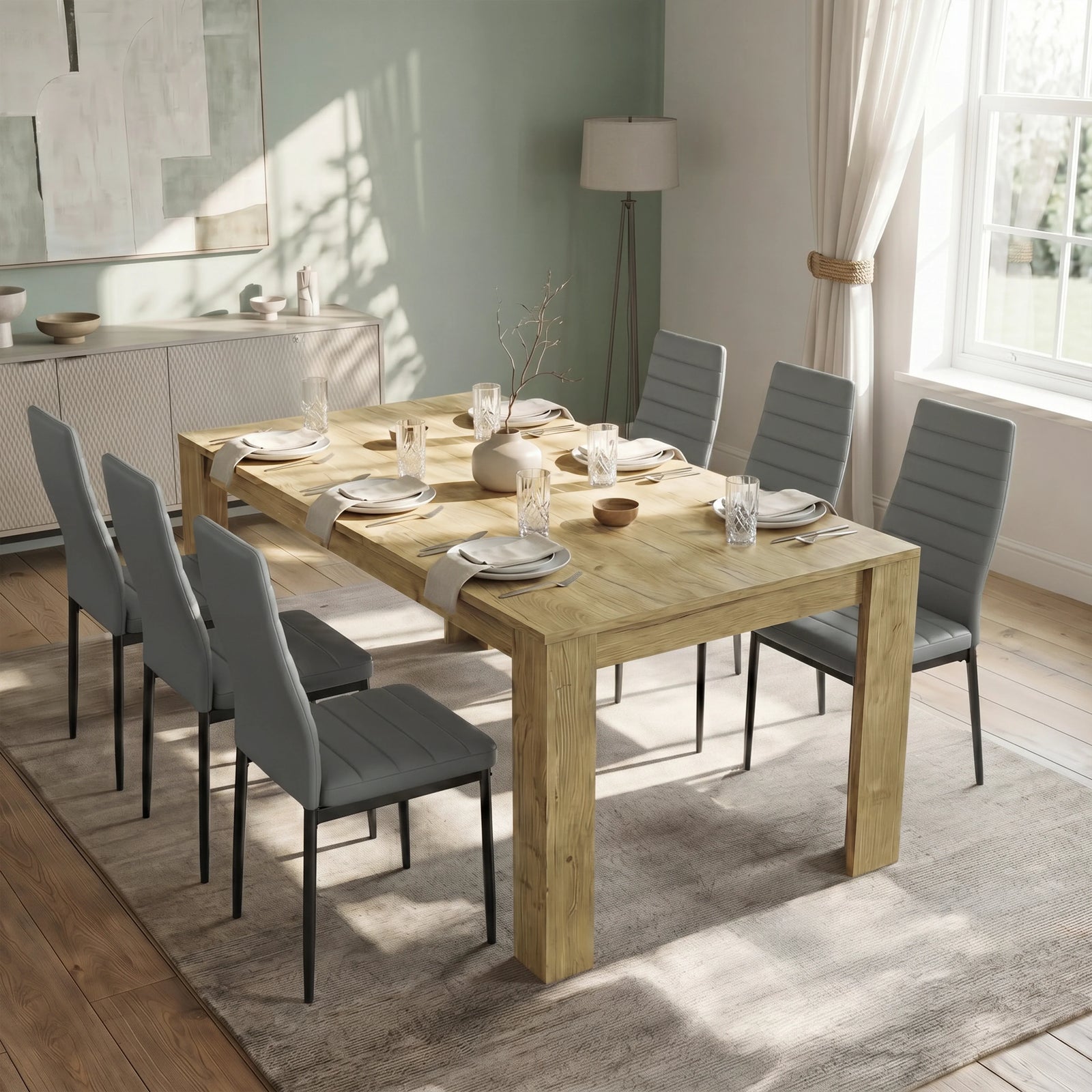 [6 Seater | Grey] Milo oak-effect dining table set at regular 170cm size with 6 high-back chairs
