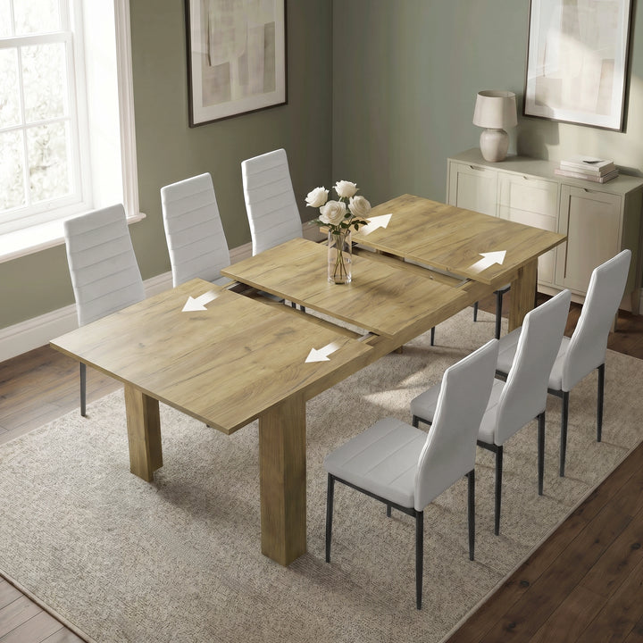 [6 Seater | White] Milo oak-effect table open to show centre leaf and sliding rails