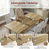 [6 Seater | White] Milo extension guide showing tabletop opening, centre leaf placement, and lock-close steps