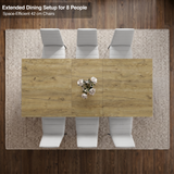 [6 Seater | White] Milo extendable dining table extended for 8-place setup, overhead view with high-back chairs