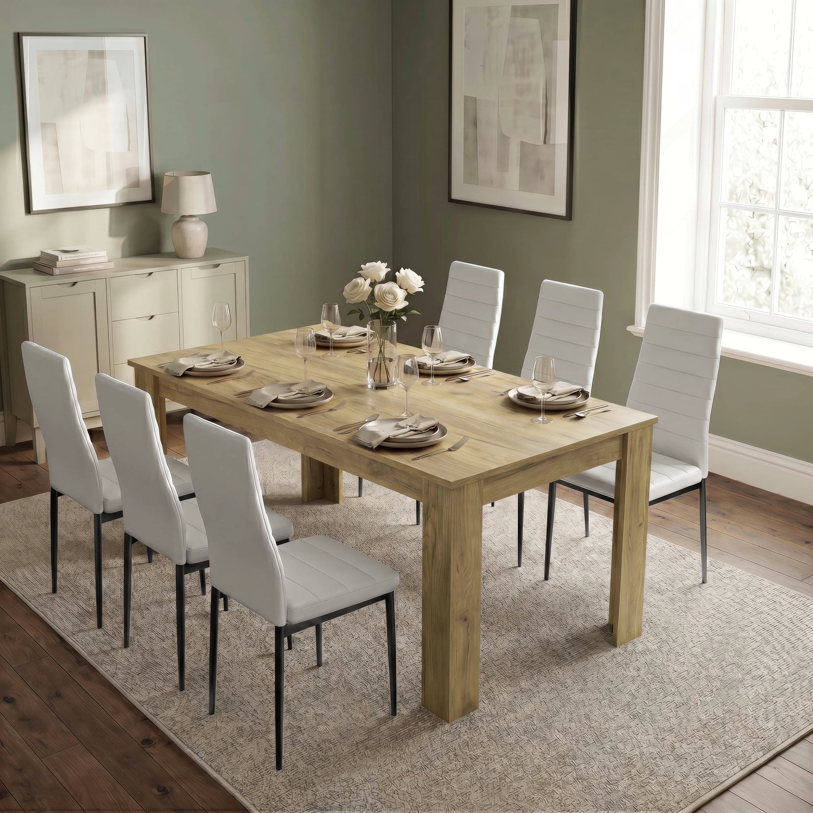 [6 Seater | White] Milo oak-effect dining table set at regular 170cm size with 6 high-back chairs
