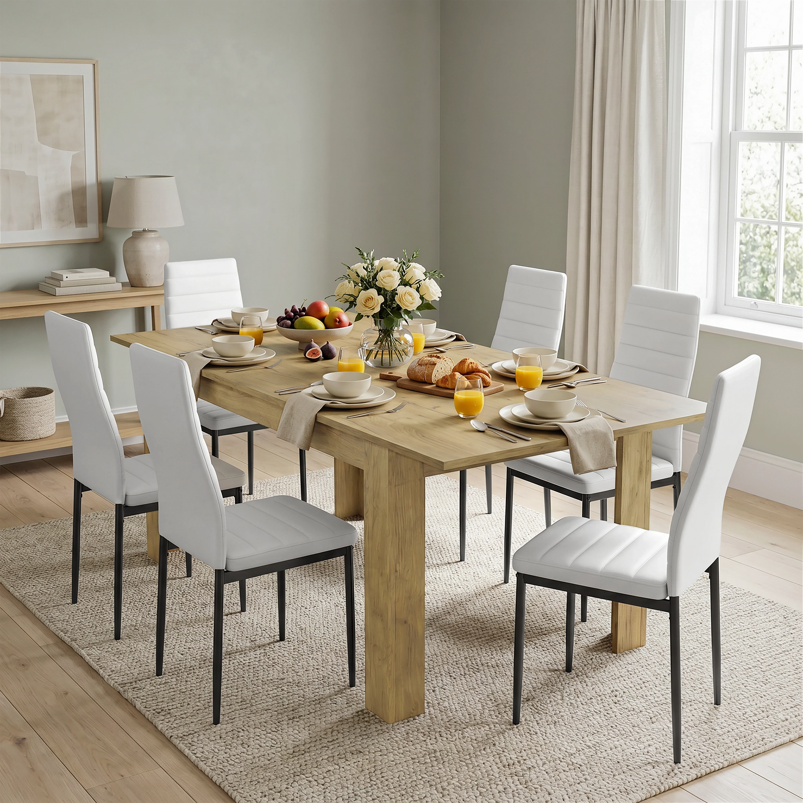 [6 Seater | White] Milo oak-effect dining table set with 6 high-back chairs in a styled room view