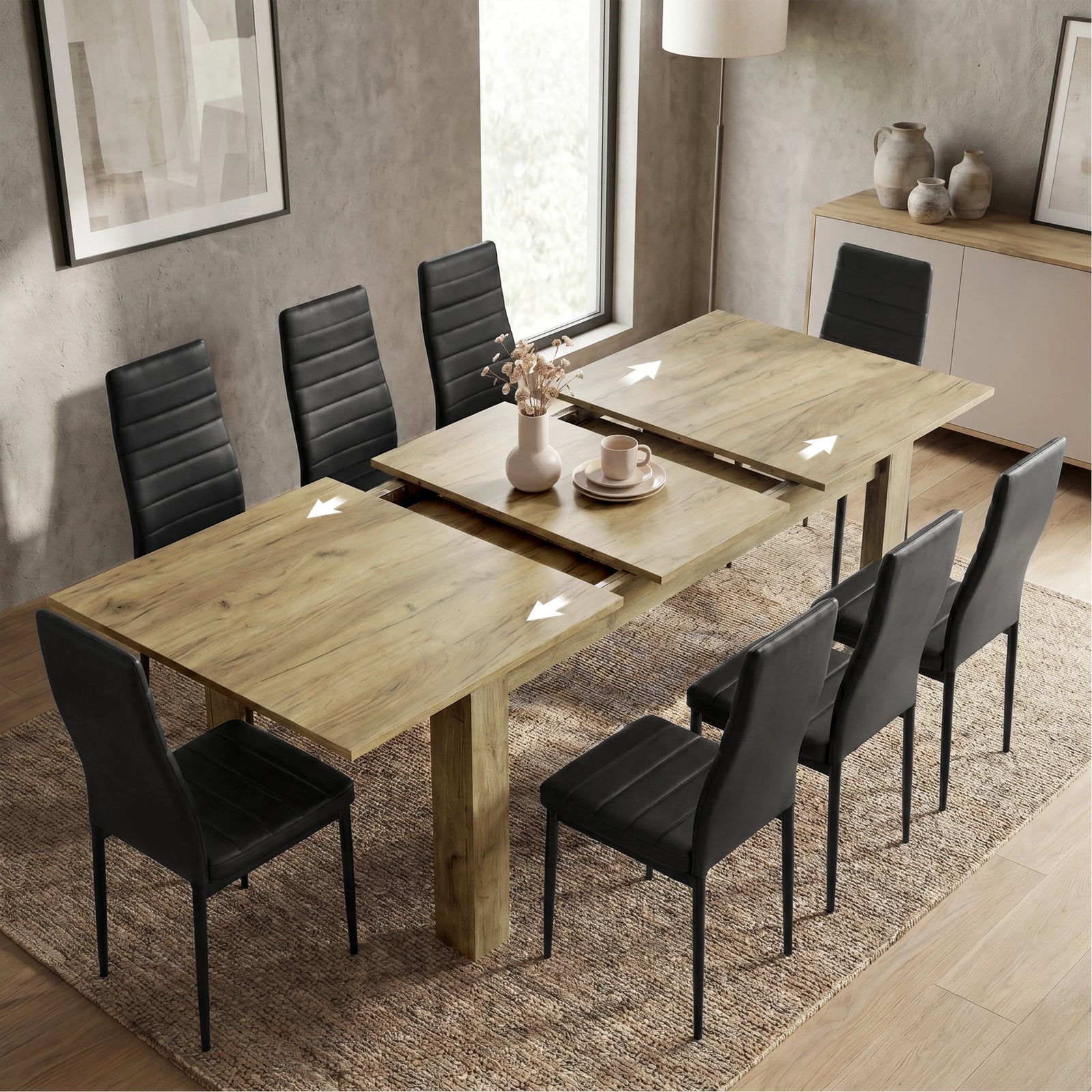 [8 Seater | Black] Milo oak-effect table open to show centre leaf and sliding rails
