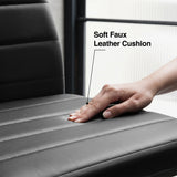[8 Seater | Black] Close-up of the Milo faux leather chair cushion with stitched padding pressed by a hand