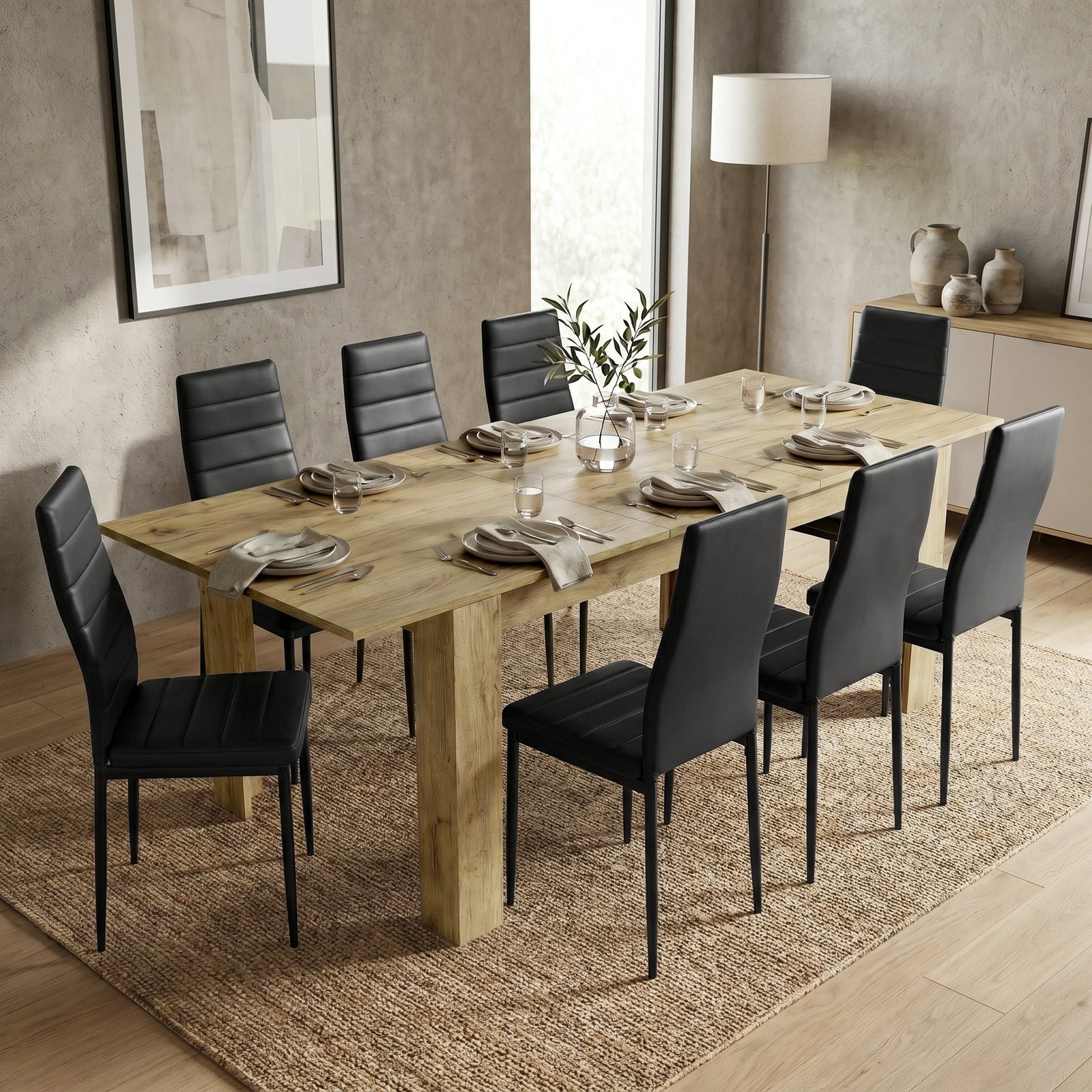 [8 Seater | Black] Milo oak-effect dining table set extended to 220cm with 8 high-back chairs