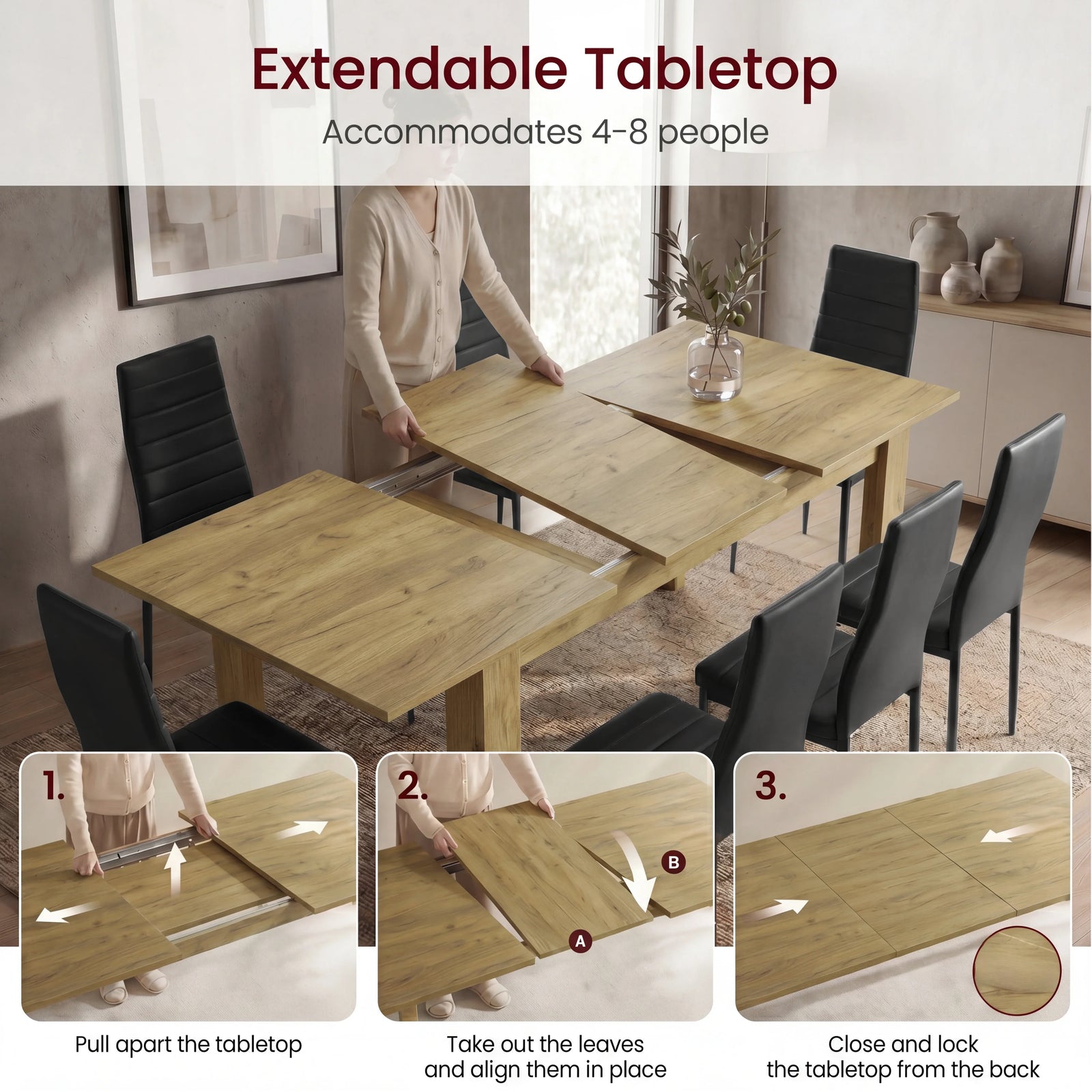 [8 Seater | Black] Milo extension guide showing tabletop opening, centre leaf placement, and lock-close steps