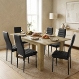 [6 Seater | Black] Milo oak-effect dining table set with 6 high-back chairs in a styled room view