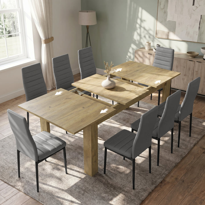 [8 Seater | Grey] Milo oak-effect table open to show centre leaf and sliding rails