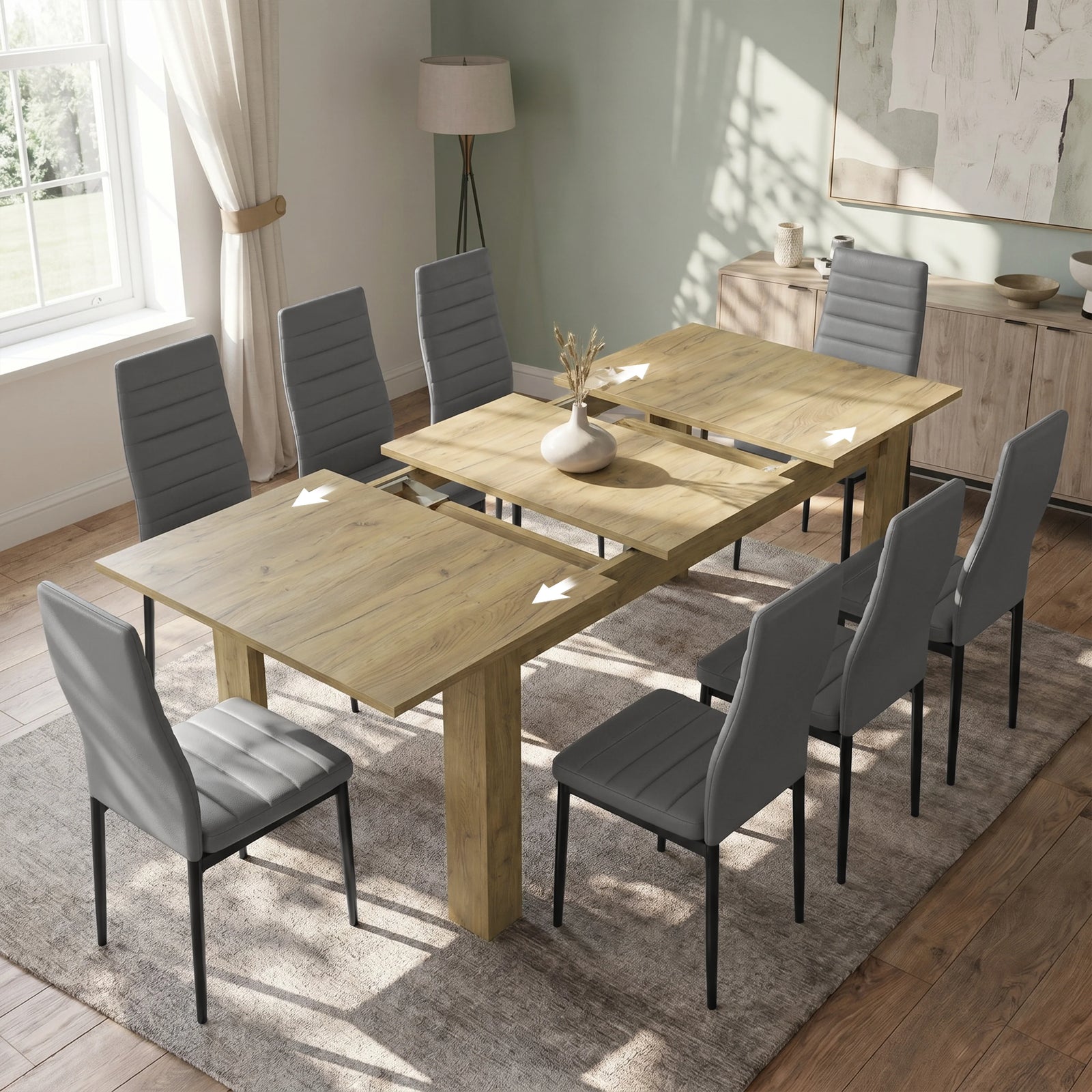 [8 Seater | Grey] Milo oak-effect table open to show centre leaf and sliding rails