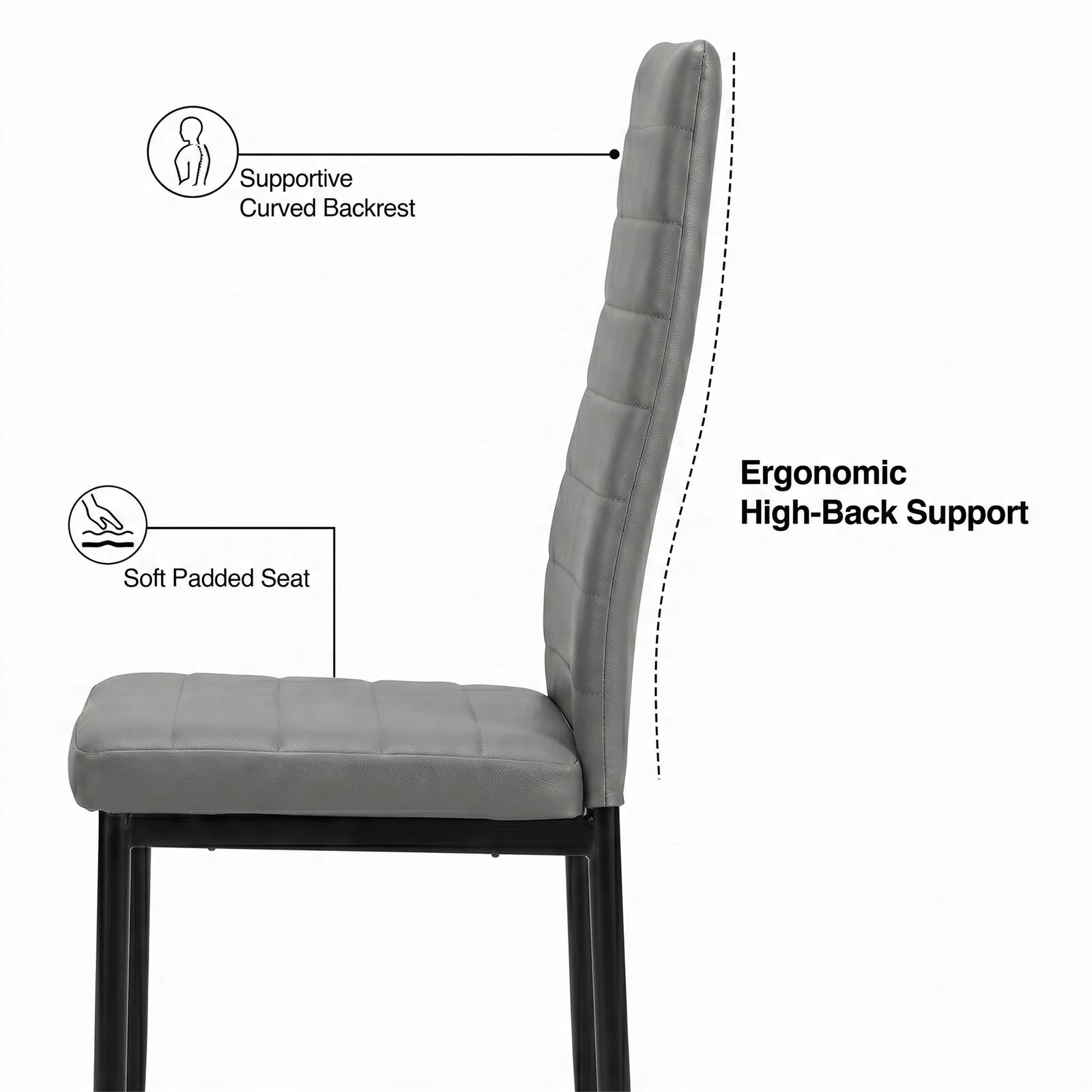[8 Seater | Grey] Milo chair side profile showing curved high-back support, padded seat, and slim iron legs