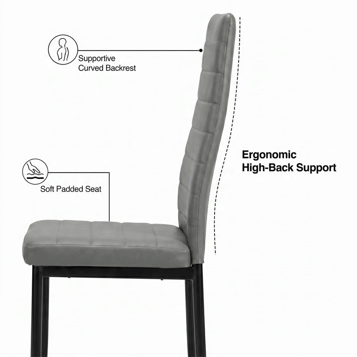 [8 Seater | Grey] Milo chair side profile showing curved high-back support, padded seat, and slim iron legs