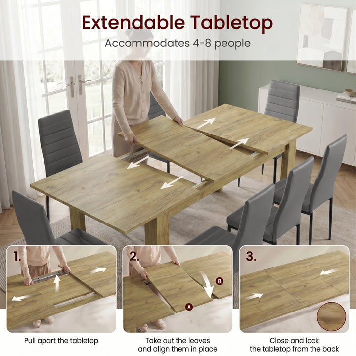 [8 Seater | Grey] Milo extension guide showing tabletop opening, centre leaf placement, and lock-close steps