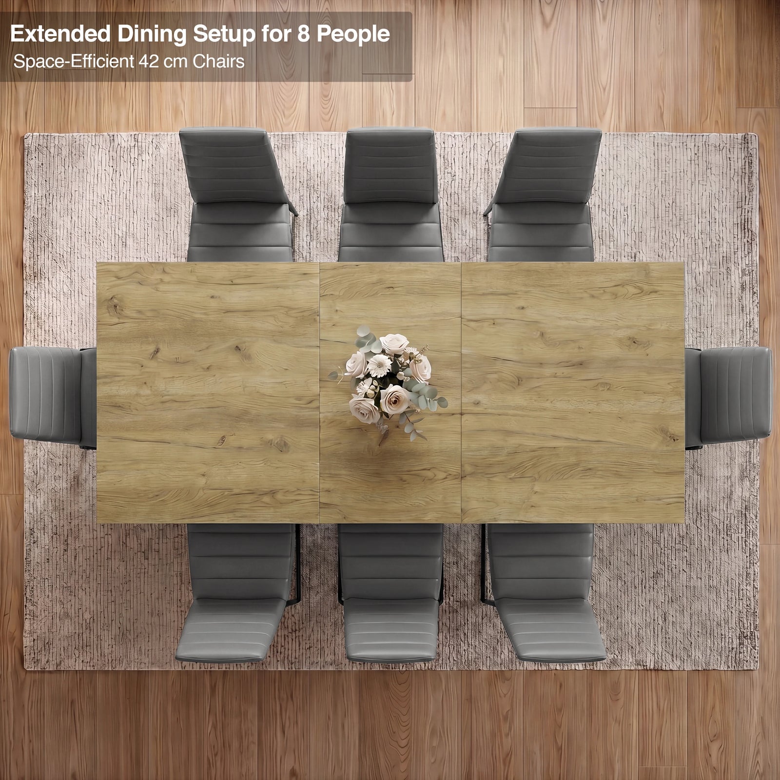 [8 Seater | Grey] Milo extendable dining table extended for 8-place setup, overhead view with high-back chairs