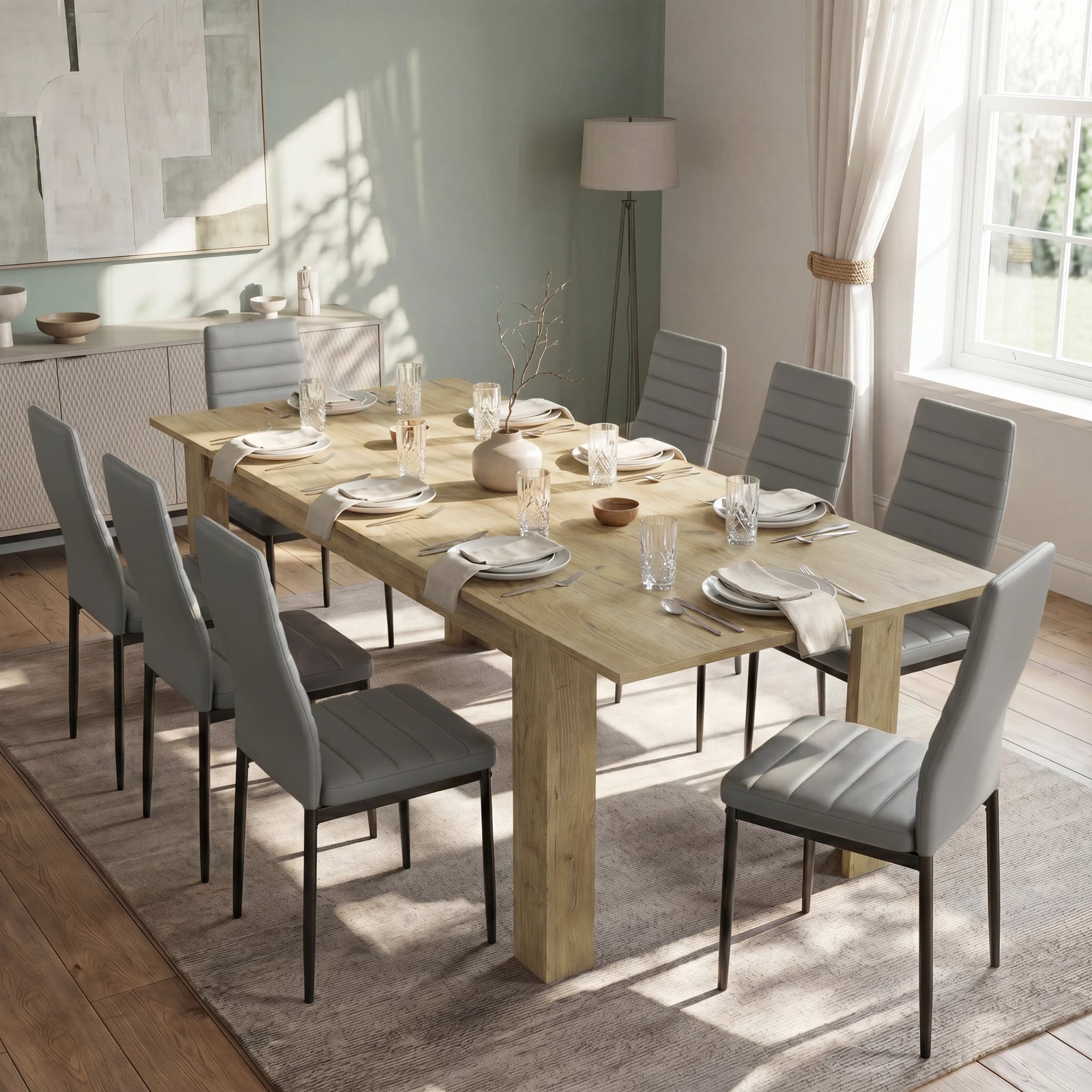 [8 Seater | Grey] Milo oak-effect dining table set at regular 170cm size with 8 high-back chairs