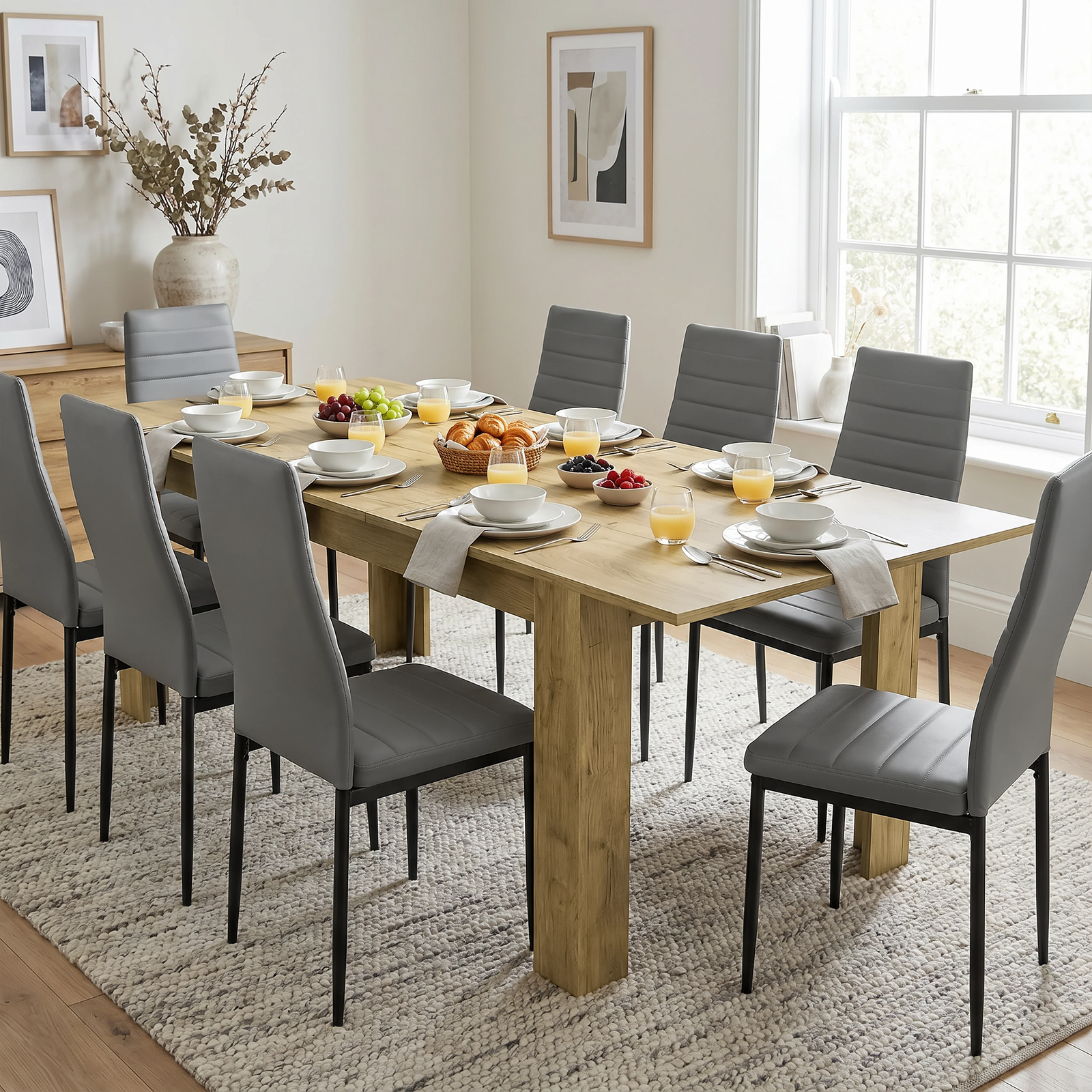 [8 Seater | Grey] Milo oak-effect dining table set with 8 high-back chairs in a styled room view