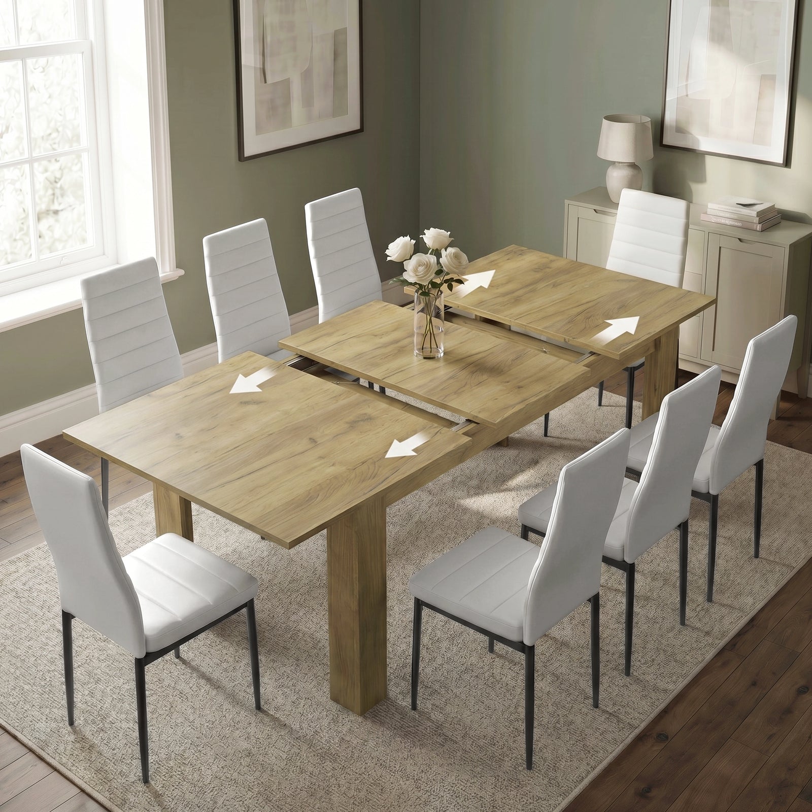 [8 Seater | White] Milo oak-effect table open to show centre leaf and sliding rails