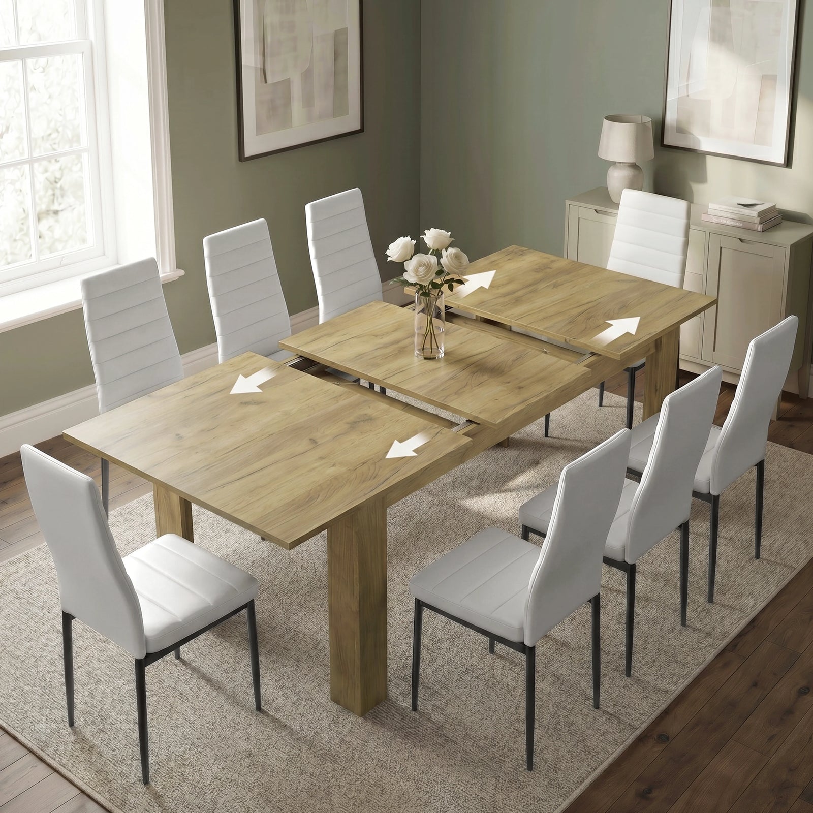 [8 Seater | White] Milo oak-effect table open to show centre leaf and sliding rails
