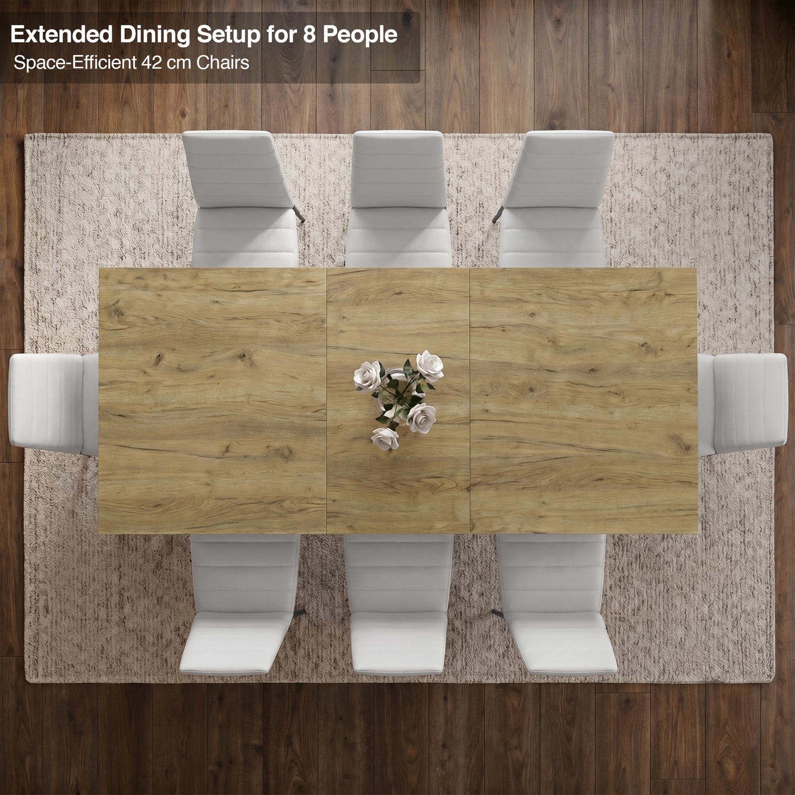 [8 Seater | White] Milo extendable dining table extended for 8-place setup, overhead view with high-back chairs